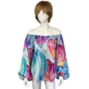 Ramona LaRue By Arianne Silk Air Balloon Print Off The Shoulder Blouse One Size